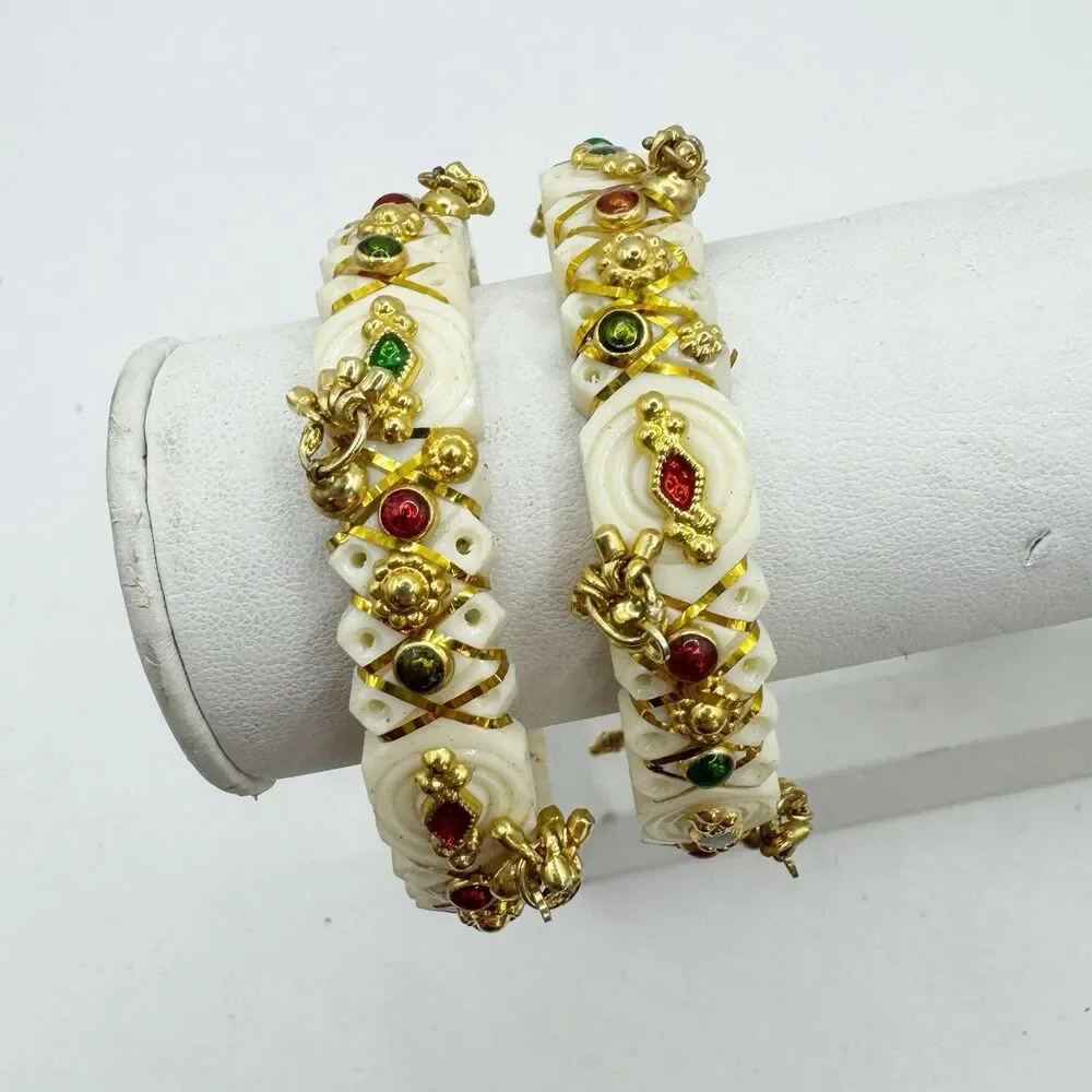 Traditional Indian Bridal Bangle Bracelets White Gold  Colorful Accents Set If 2